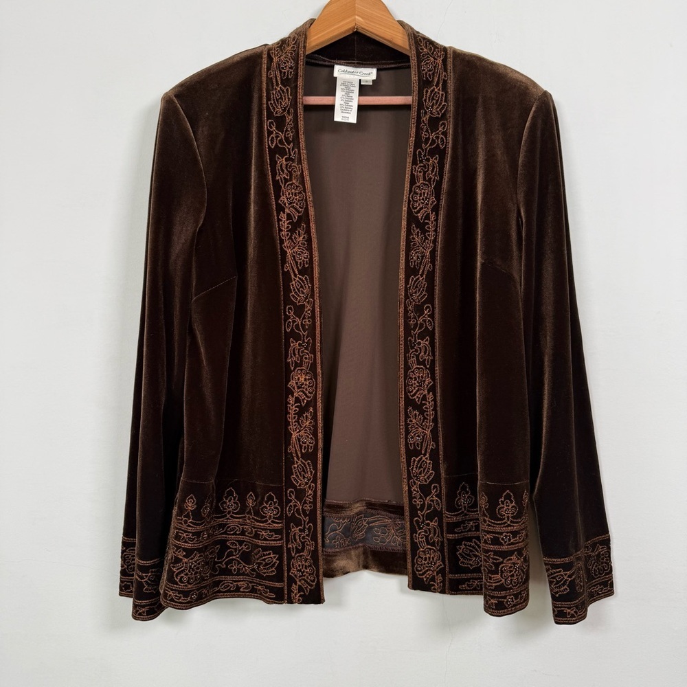 Coldwater Creek Chocolate Velvet  Jacket w/ Embroidery Beading Details, Size 8
